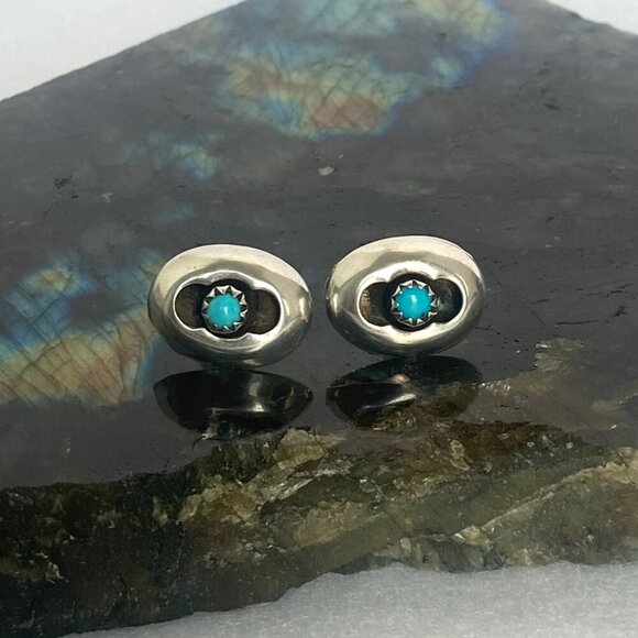 VTG Sterling Silver 925 Very Dainty Oval Shadowbox Turquoise Stud Earrings - Picture 6 of 16